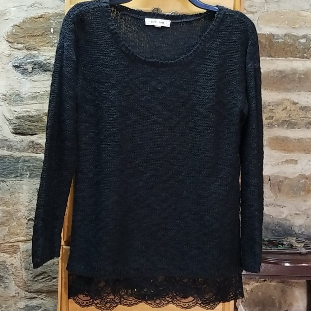 Pink Rose Black Round Neck Lace Bottom Sweater
